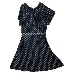 NWOT OLD NAVY Dress XXL Black White Dimond-Print Bow-Tassels Fit&Flare Short-Slv